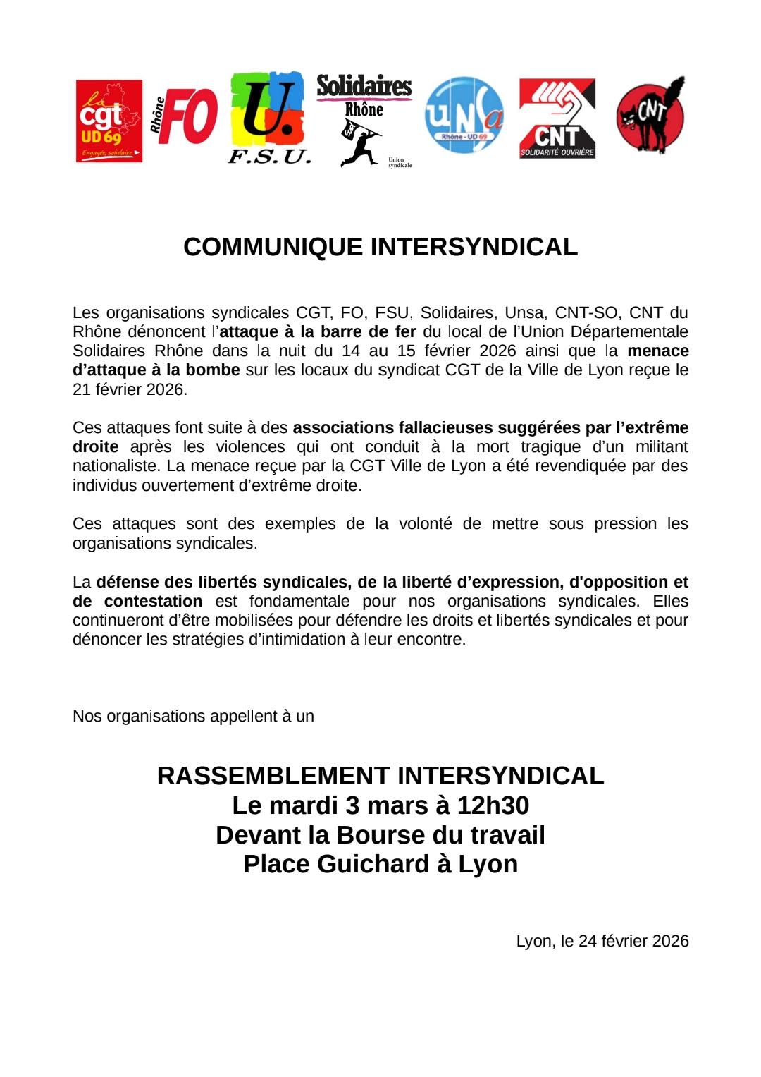 RASSEMBLEMENT INTERSYNDICAL CONTRE LES MENACES FASCISTES ! - Confédération nationale du travail