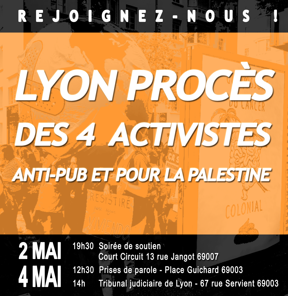 Lundi 4 mai : rassemblement de soutien et procès des 4 activistes anti-pub et pour la Palestine - Confédération nationale du travail